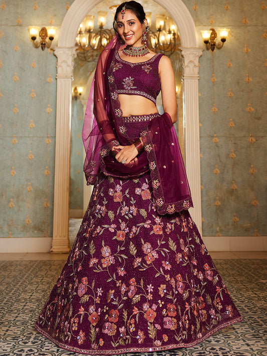 Burgundy net with Coding & Zarkan embroidery Lehenga choli & Dupatta