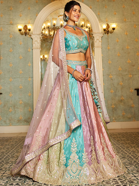 Multi colour Satin silk Fabric with Sequinse & Thread embroidery Lehenga choli & Dupatta