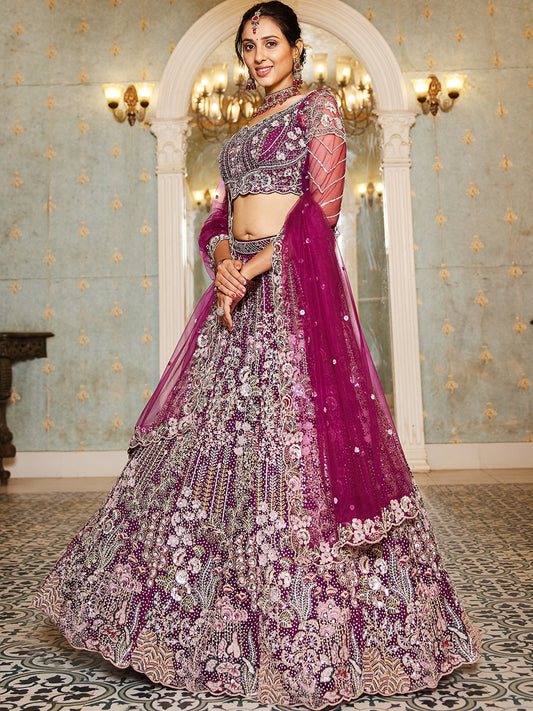 Burgundy net and Coding & Zarkan embroidery Lehenga choli & Dupatta