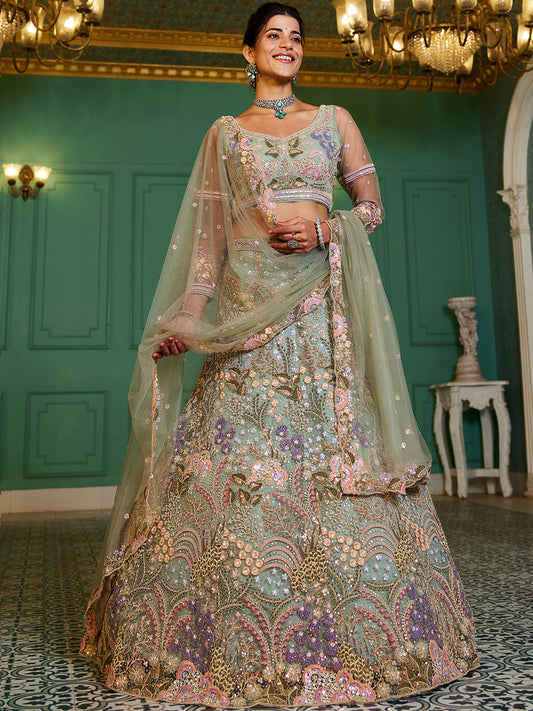 Lime Green net with Coding & Zarkan embroidery Lehenga choli & Dupatta