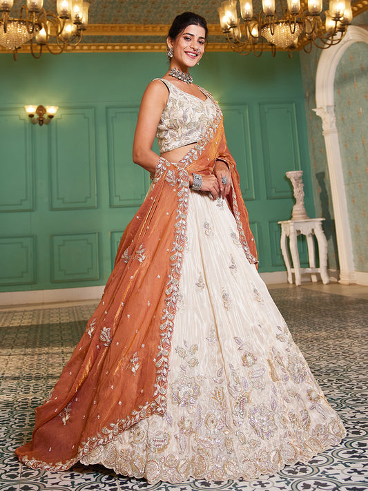 Cream colour tissue Fabric with Sequinse & Thread embroidery Lehenga