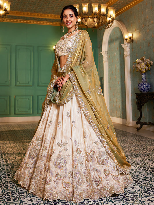 Cream colour tissue Fabric with Sequinse & Thread embroidery Lehenga