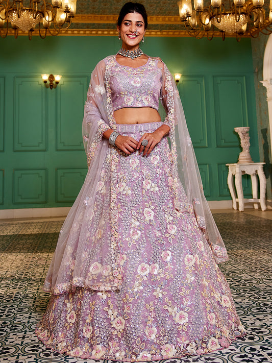 Mauve net with Sequinse & Zarkan embroidery Lehenga choli & Dupatta