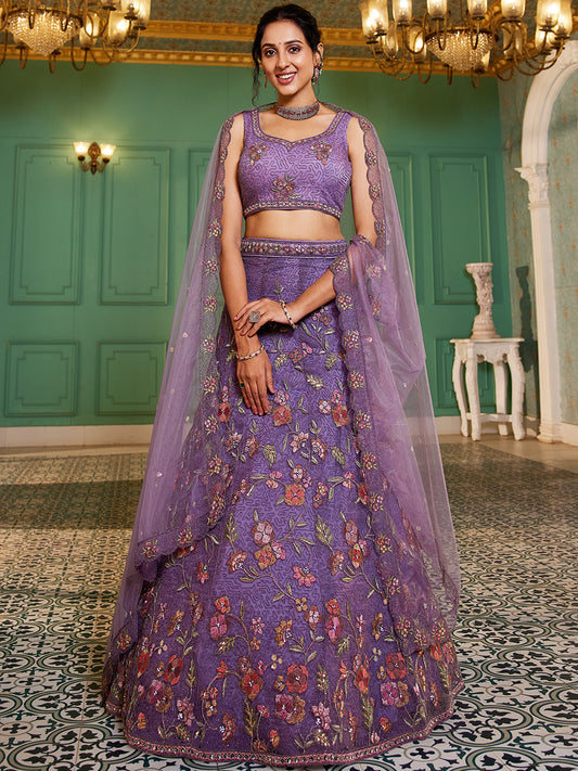 Purple blue net with Coding & Zarkan embroidery Lehenga choli & Dupatta