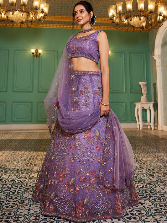 Lavender net with Coding & Zarkan embroidery Lehenga choli & Dupatta