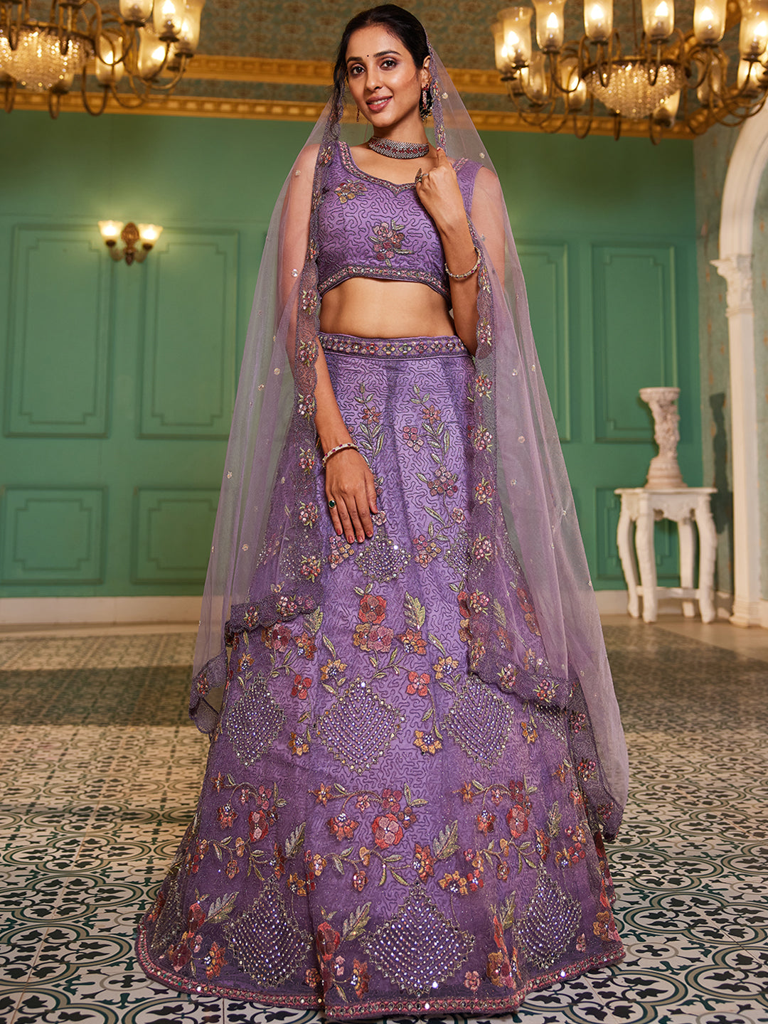 Lavender net with Coding & Zarkan embroidery Lehenga choli & Dupatta