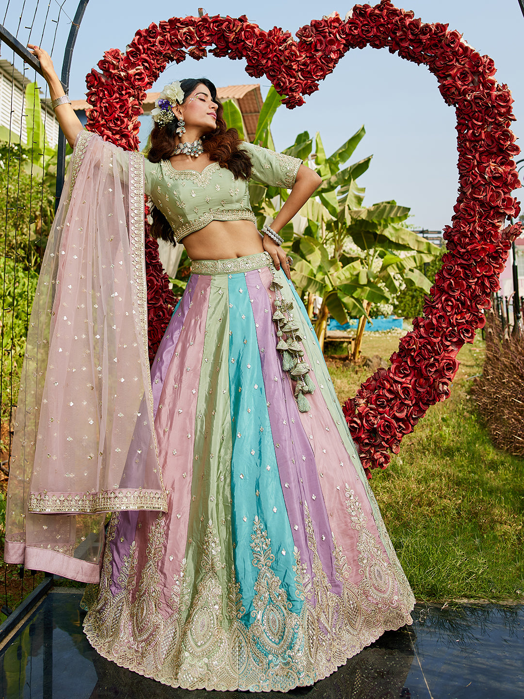 Multi colour Satin silk Fabric with Sequinse & Thread embroidery Lehenga choli & Dupatta