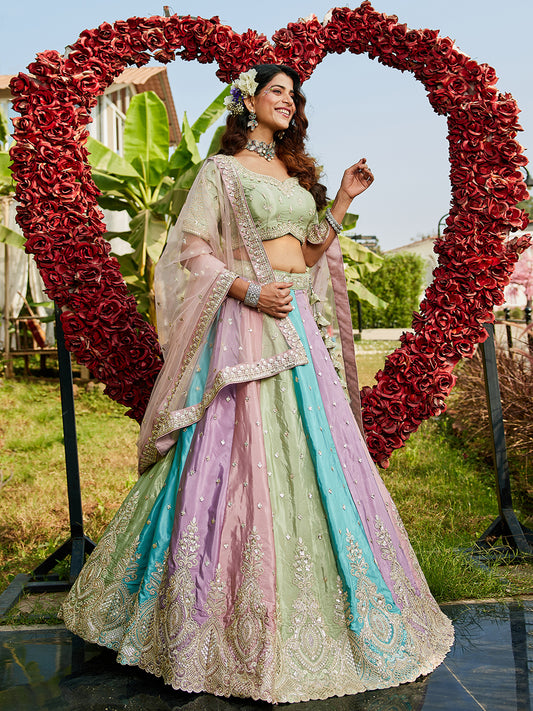 Multi colour Satin silk Fabric with Sequinse & Thread embroidery Lehenga choli & Dupatta