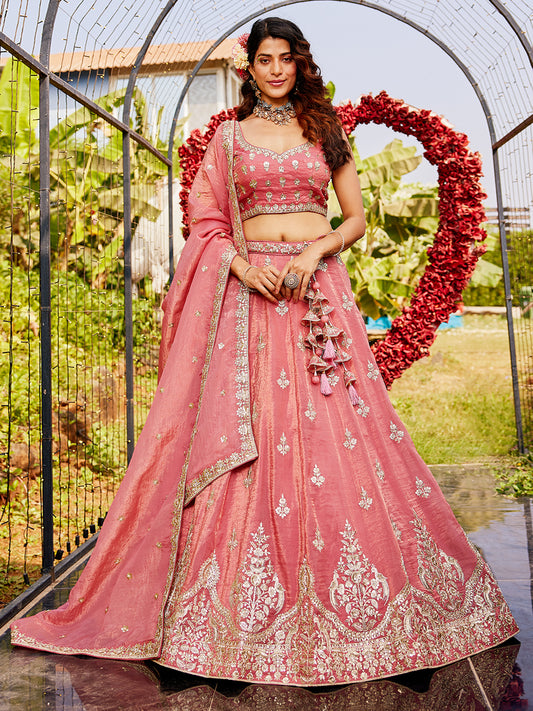 Pink colour Orange with Sequinse & Moti embroidery Lehenga choli & Dupatta