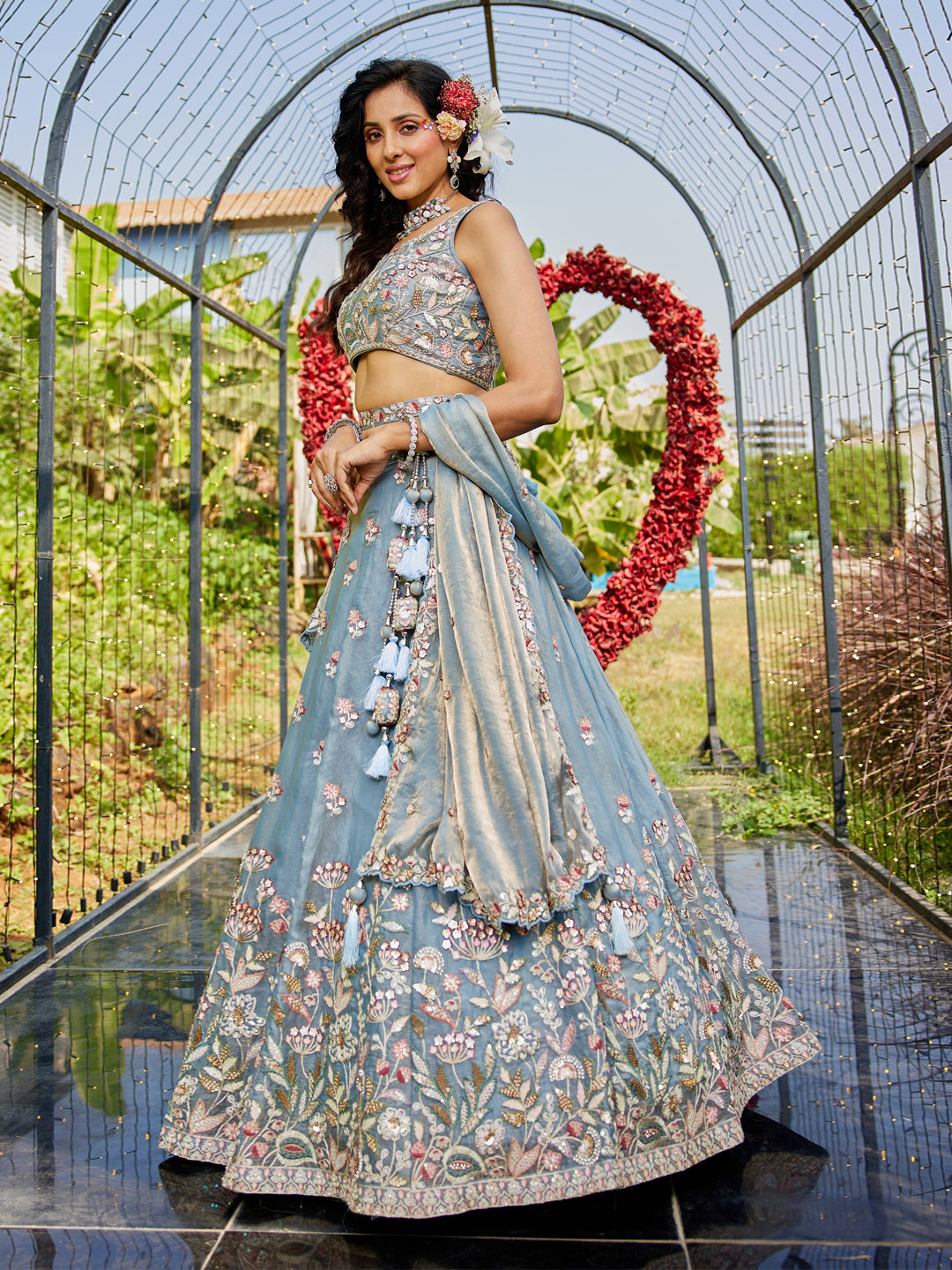 Blue colour Tissue Fabric with Sequinse & Thread embroidery Lehenga choli & Dupatta