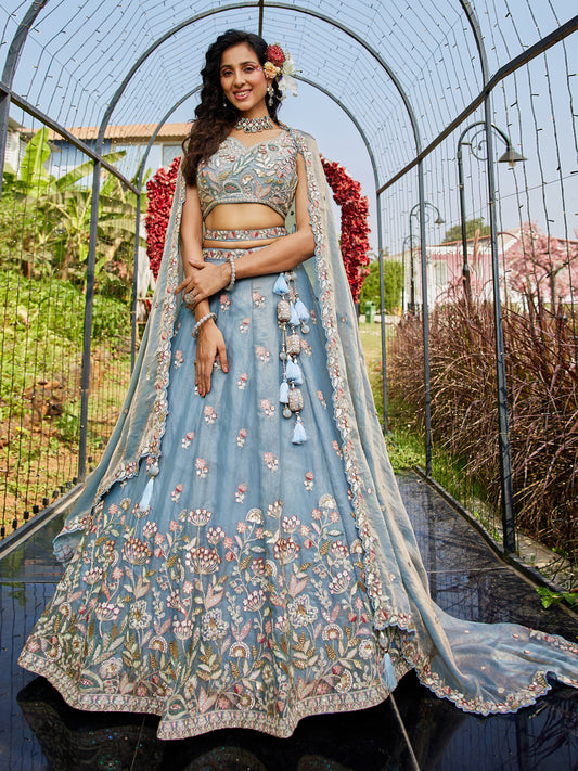 Blue colour Tissue Fabric with Sequinse & Thread embroidery Lehenga choli & Dupatta