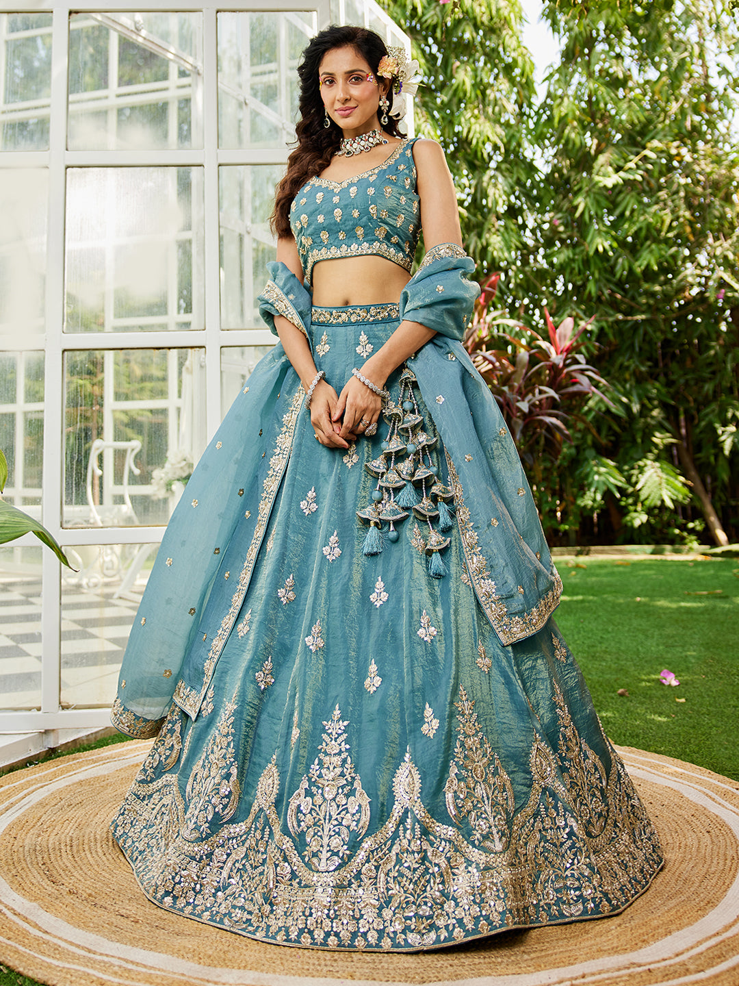 Green colour Orange with Sequinse & Moti embroidery Lehenga choli & Dupatta