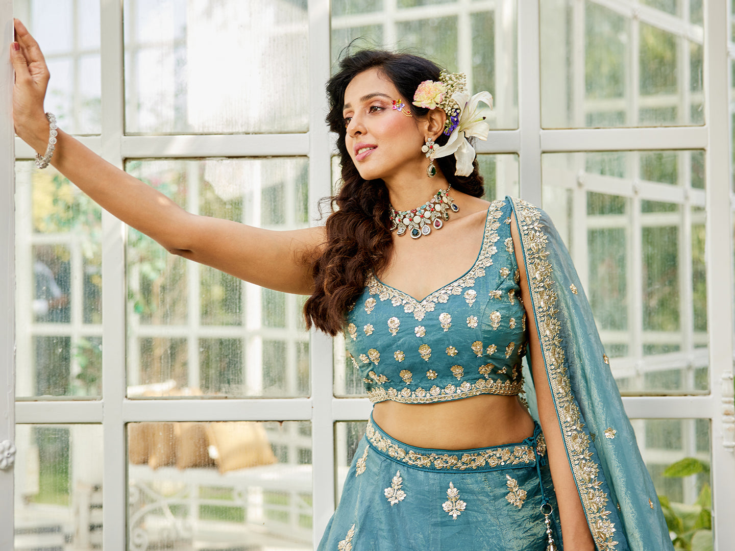 Green colour Orange with Sequinse & Moti embroidery Lehenga choli & Dupatta