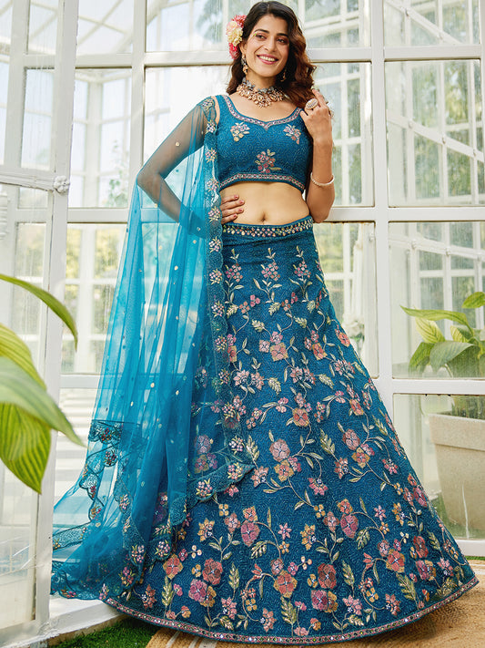 Navy blue net with Coding & Zarkan embroidery Lehenga choli & Dupatta