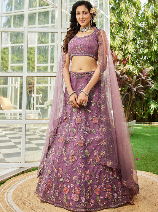 Lavender net with Coding & Zarkan embroidery Lehenga choli & Dupatta