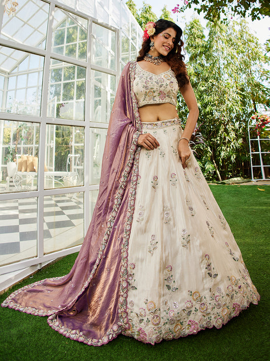 Cream colour tissue Fabric with Sequinse & Thread embroidery Lehenga