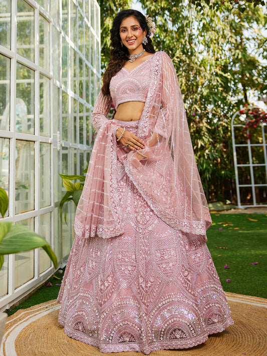 Pink net with Beads & Zarkan embroidery Lehenga choli & Dupatta