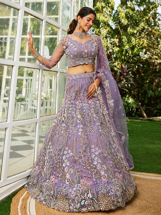 Mauve net and Coding & Zarkan embroidery Lehenga choli & Dupatta