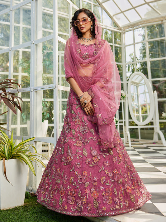 Pink net with Coding & Zarkan embroidery Lehenga choli & Dupatta