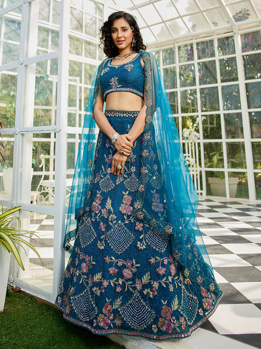 Navy Blue net with Coding & Zarkan embroidery Lehenga choli & Dupatta