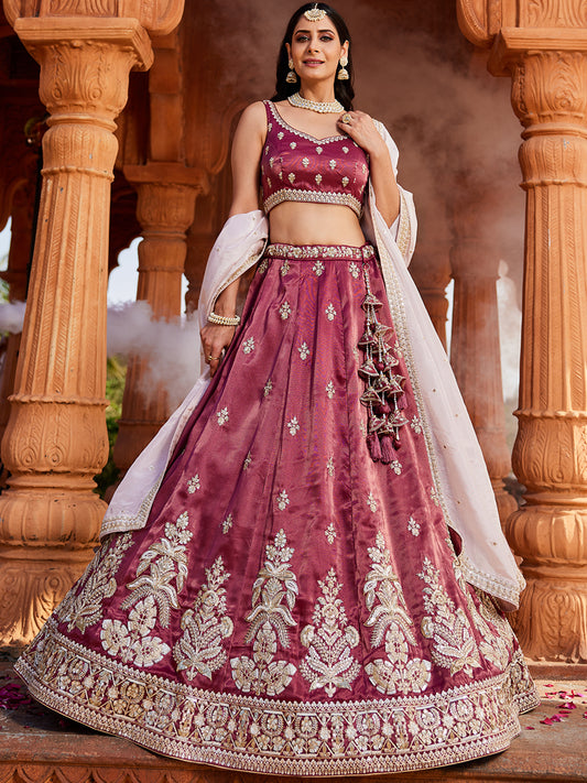 Burgundy Tissue Sequinse embroidery Lehenga