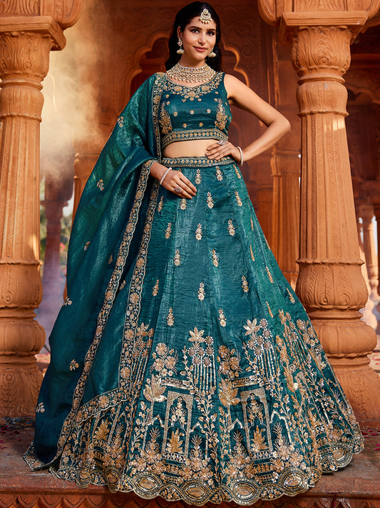 Teal Tissue Handwork cutdana embroidery Lehenga