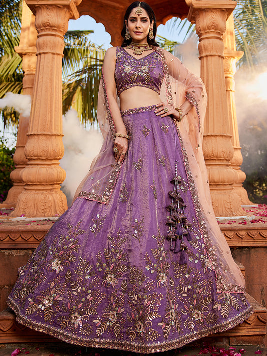 Purple Tissue Sequinse embroidery Lehenga