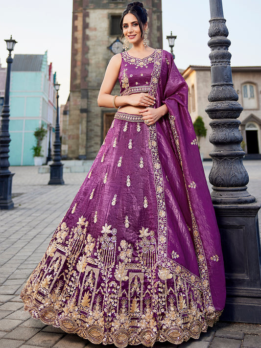 Burgundy Tissue Handwork cutdana embroidery Lehenga