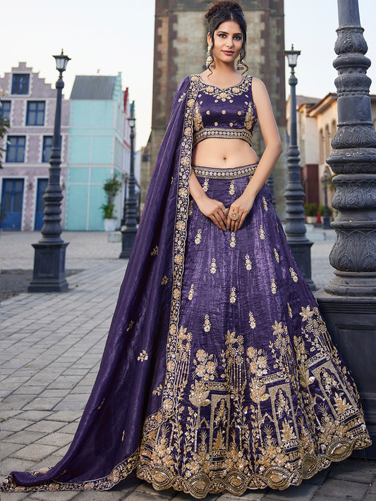 Purple Tissue Handwork cutdana embroidery Lehenga