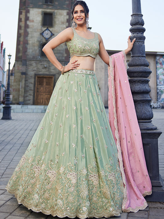 Lime green Satin Silk Sequins embroidery Lehenga