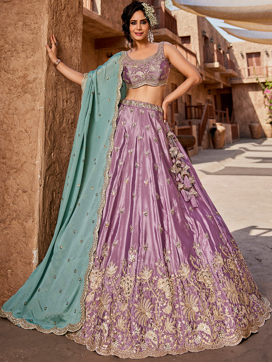 Lavender Satin Silk Sequins embroidery Lehenga