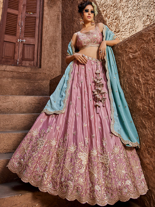 Pink Satin Silk Sequins embroidery Lehenga