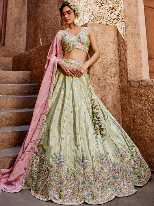 Lime green Satin Silk Sequins embroidery Lehenga