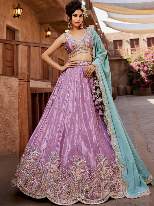 Lavender Satin Silk Sequins embroidery Lehenga