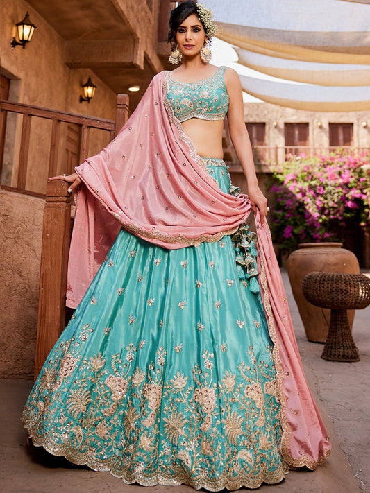 Turquoise blue Satin Silk Sequins embroidery Lehenga