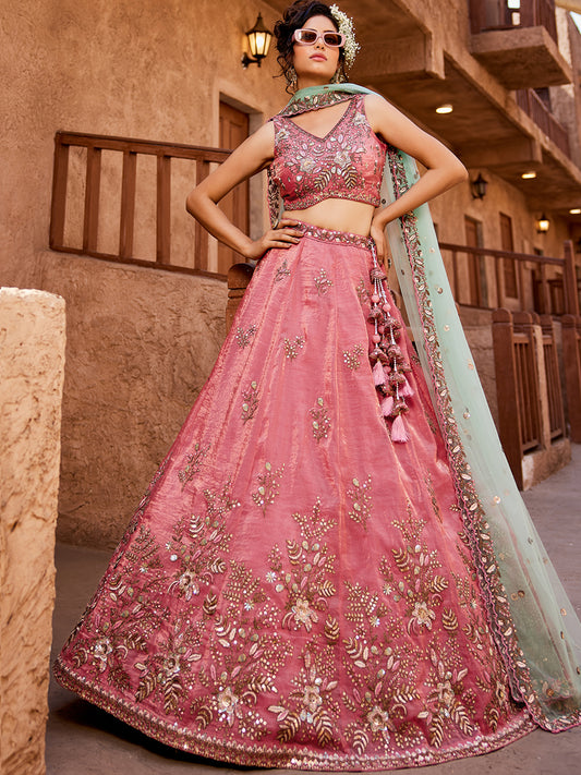 Pink Tissue Sequinse embroidery Lehenga