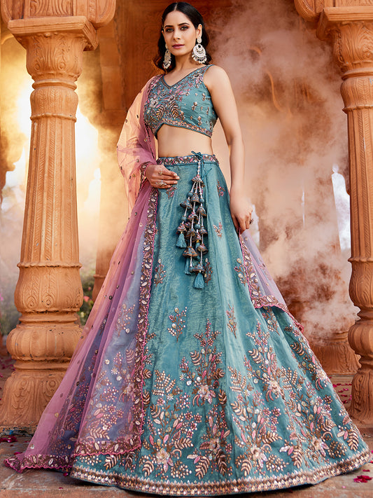 Blue Tissue Sequinse embroidery Lehenga