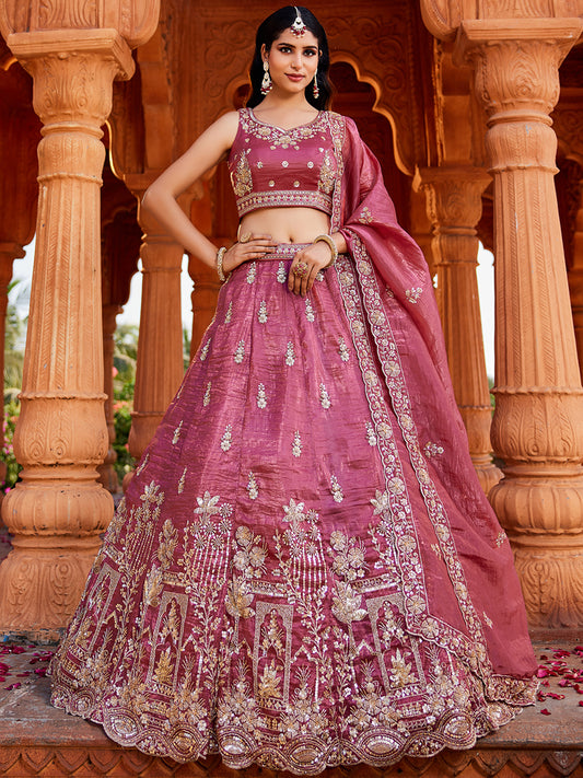 Pink Tissue Handwork cutdana embroidery Lehenga