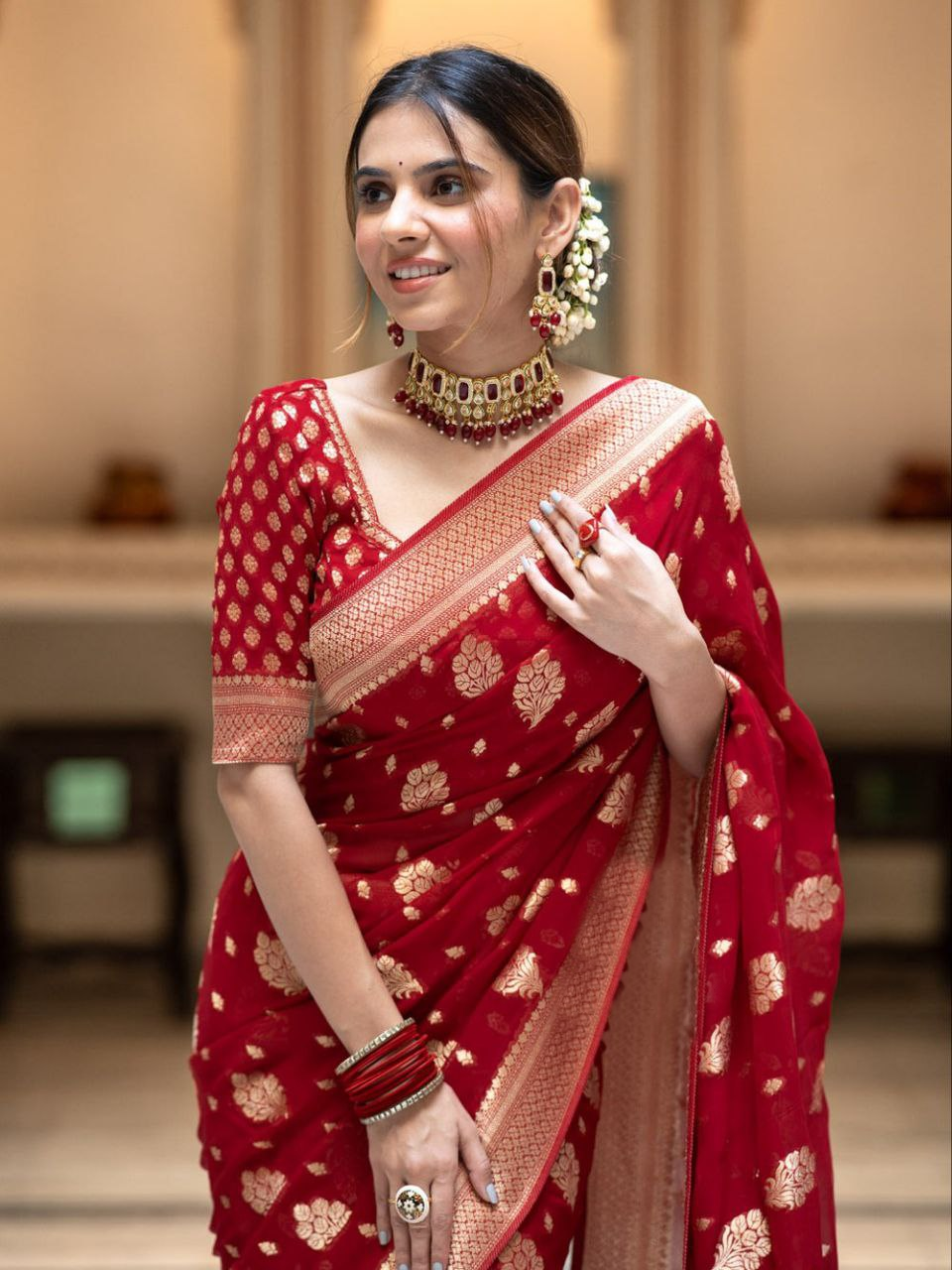 Red Jacquard Work Saree
