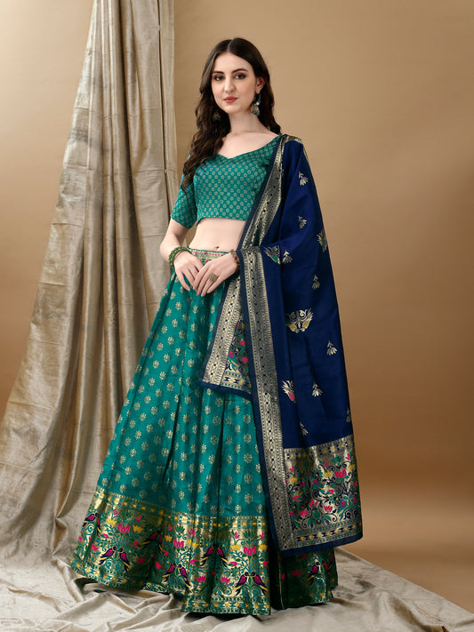 Teal Banarsi Lehenga with Contrast Dupatta