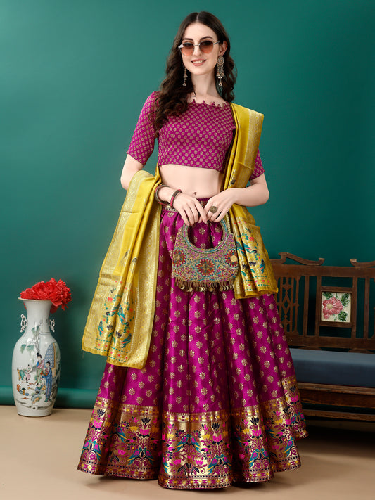 Wine Banarsi Lehenga with Contrast Dupatta