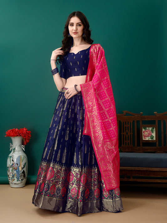 Navy Banarsi Lehenga with Contrast Dupatta