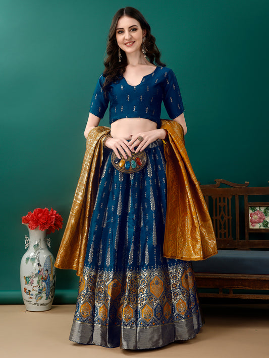 Teal Border Buta Banarsi Lehenga with Contrast Dupatta