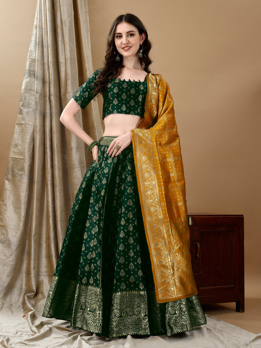 Green Border Buta Banarsi Lehenga with Contrast Dupatta