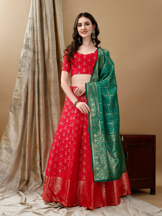 Red Border Buta Banarsi Lehenga with Contrast Dupatta