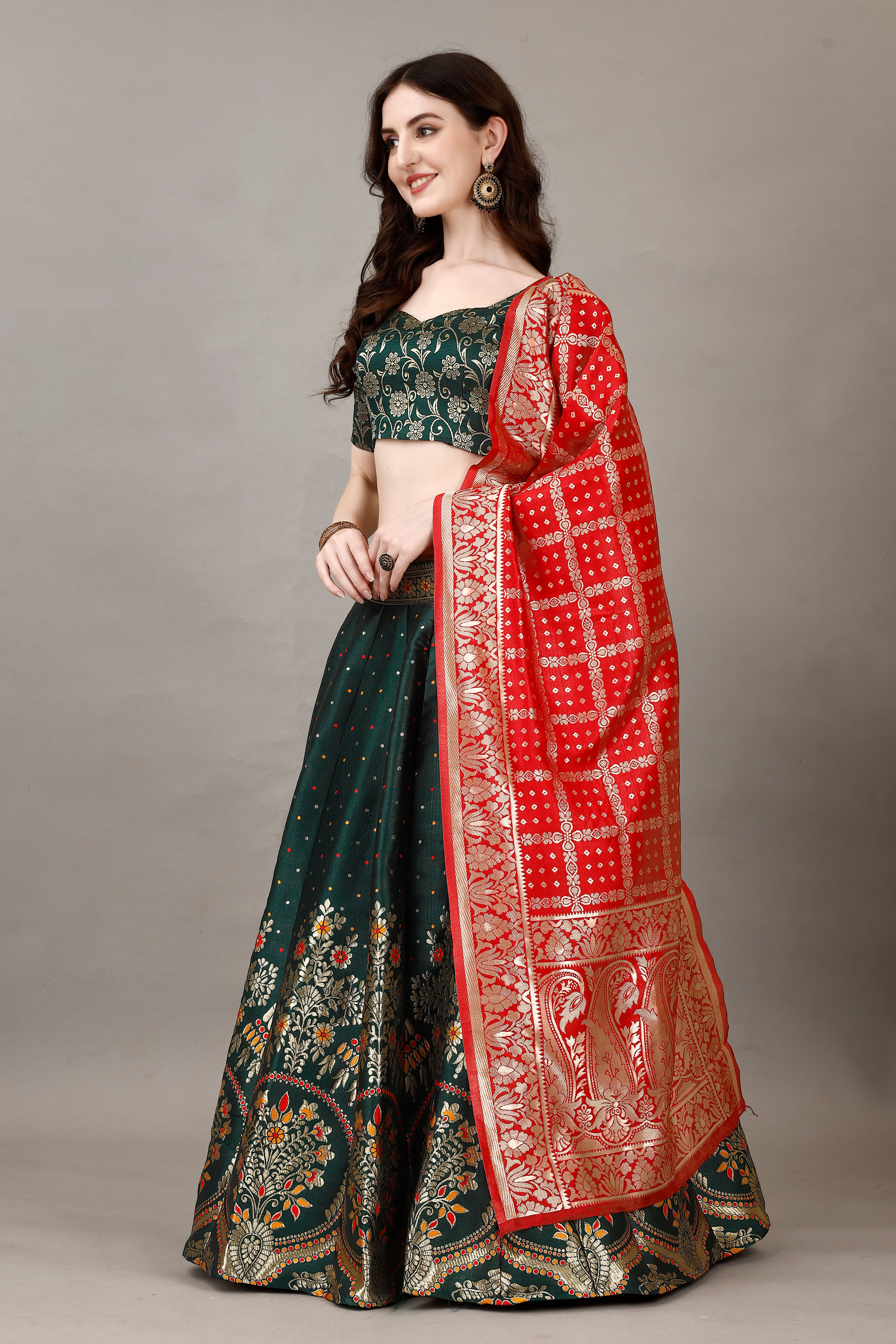 Deep Green Border Buta Banarsi Lehenga with Contrast Dupatta