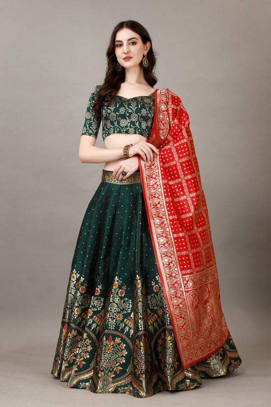 Deep Green Border Buta Banarsi Lehenga with Contrast Dupatta