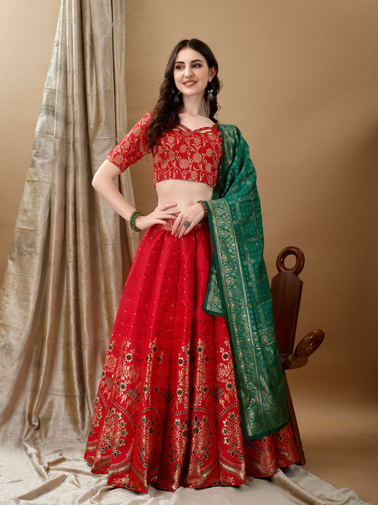 Deep Red Border Buta Banarsi Lehenga with Contrast Dupatta