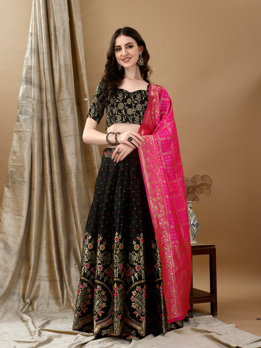 Black Border Buta Banarsi Lehenga with Contrast Dupatta