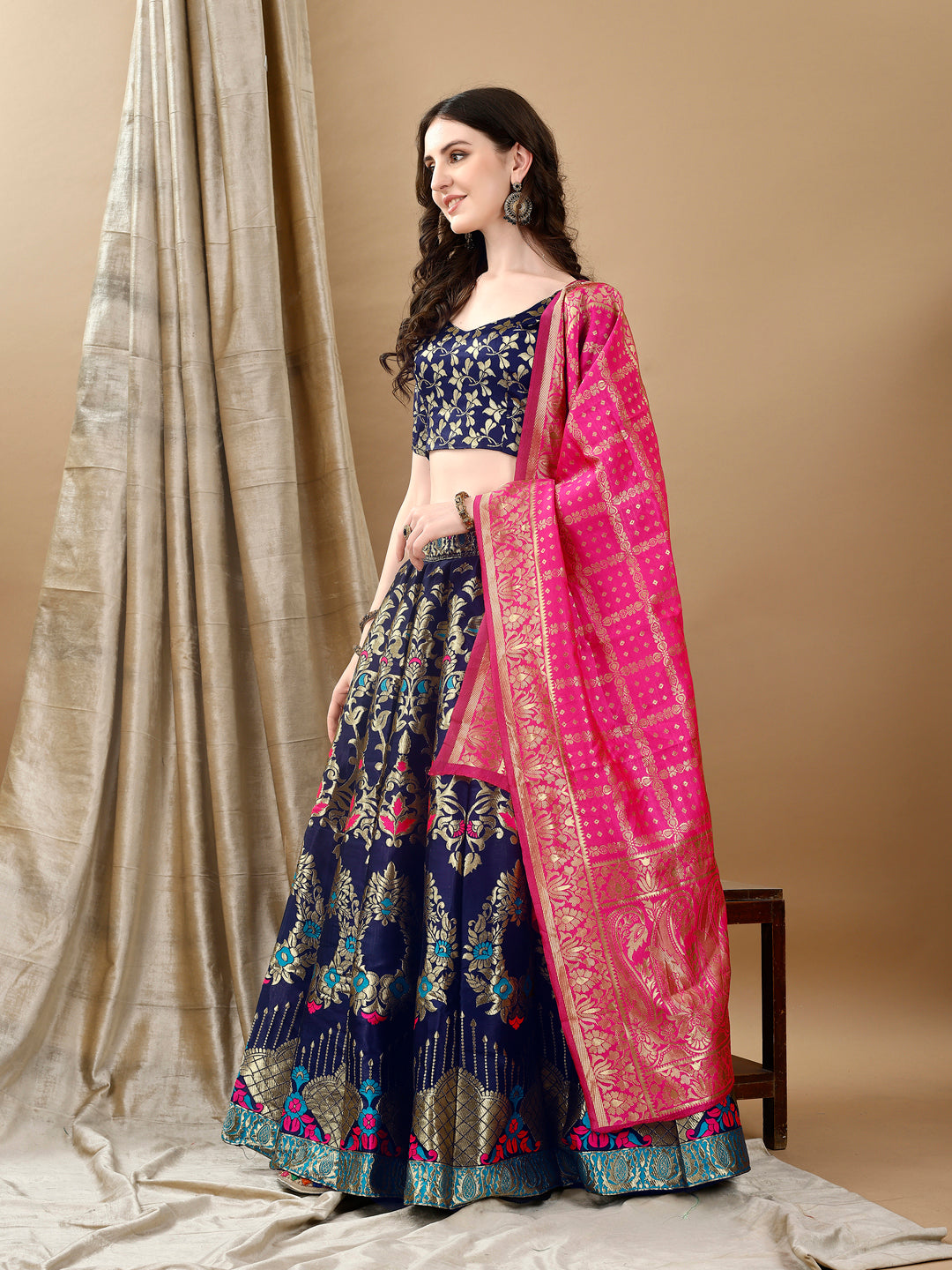Navy Border Buta Banarsi Lehenga with Contrast Dupatta